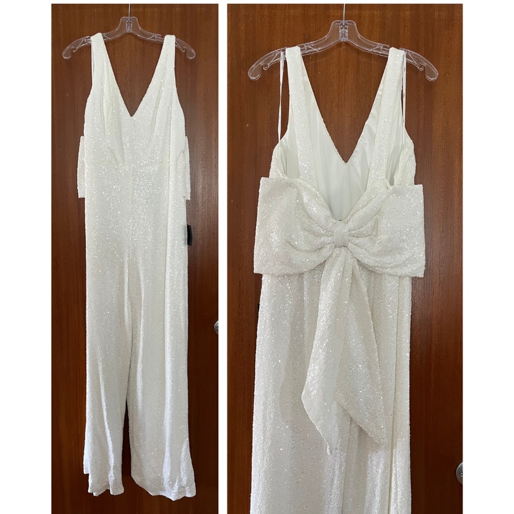 Lulu's White Sequin Jumpsuit with Bow Detail